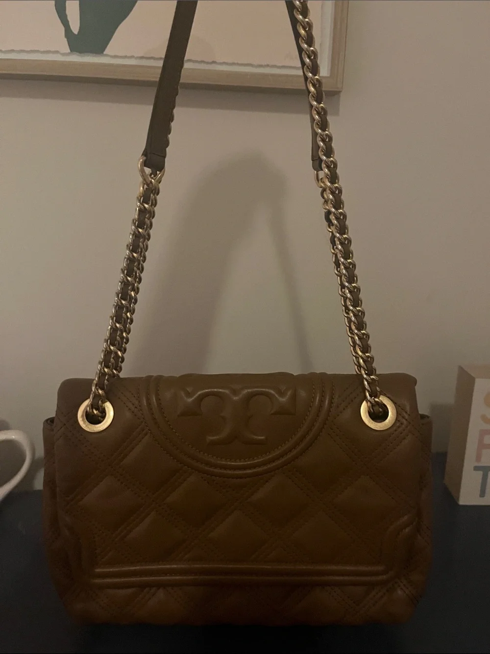 Tory Burch Quilted Shoulder Bag in Cognac Brown with Gold Hardware